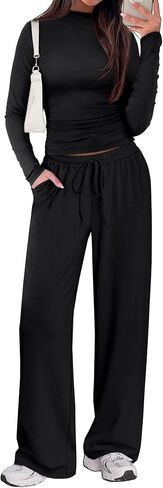 صالة Sampeel المكونة من قطعتين للنساء 2 قطعة سقوط الملابس 2025 Dock Neck Ruched Tops Wide Leg Pants Airport in Saudi Arabia