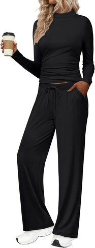 صالة Sampeel المكونة من قطعتين للنساء 2 قطعة سقوط الملابس 2025 Dock Neck Ruched Tops Wide Leg Pants Airport in Saudi Arabia
