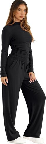 صالة Sampeel المكونة من قطعتين للنساء 2 قطعة سقوط الملابس 2025 Dock Neck Ruched Tops Wide Leg Pants Airport in Saudi Arabia