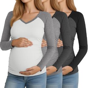3 Pack Women's Maternity Shirts Long Sleeve V Neck Tops Side Ruched Cotton Color Block Baseball Pregnancy Clothes in Kuwait