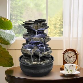 8.3" High 4-Tier Cascading Rock Falls Tabletop Water Fountain with LED Light & Spinning Ball - Indoor Small Waterfall Feature for Office, Home and Bedroom Desktop Decor Dark Grey in Saudi Arabia