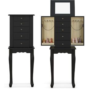 Goflame Dacking Jewellry Cabinet Armoire مع مرآة قمة أعلى ، صندوق مربع للمجوهرات مع 4 أدراج ، مقصورات أعلى ، 8 خطافات قلادة وأبواب جانبية ، منظم تخزين المجوهرات لغرفة النوم ، الأسود in Kuwait