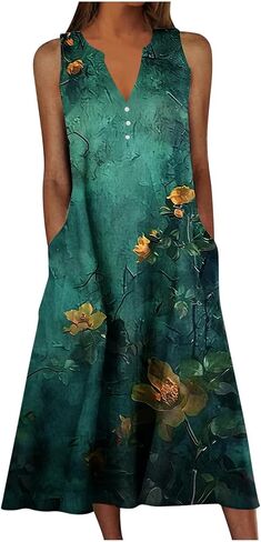Women Boho Floral Print Midi Sun Dresses Casual Sleeveless Loose Flowy Dress Elegant Summer Beach Sundress with Pocket in Saudi Arabia