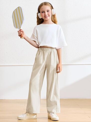 Haloumoning Girls Wide Leg Track Pants Kids Baggy Striped Parachute Pants Athletic Joggers with Pockets 5-14Y in Saudi Arabia