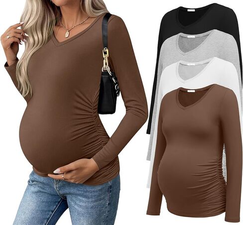 Ekouaer Womens Maternity Shirts Long Sleeve 4 Pack V Neck Pregnancy Tops | Soft Material, Casual Side Ruched Postpartum Blouse, Dressy Workout Mama Tunic, Office, Vacation, Going Out, Fall, Winter in Saudi Arabia