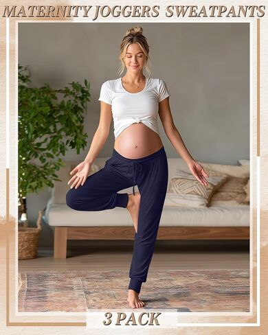 3 Pack Women's Lounge Maternity Pants, Casual Joggers Underbelly Pregnancy Sweatpants with Drawstring and Pockets in Saudi Arabia