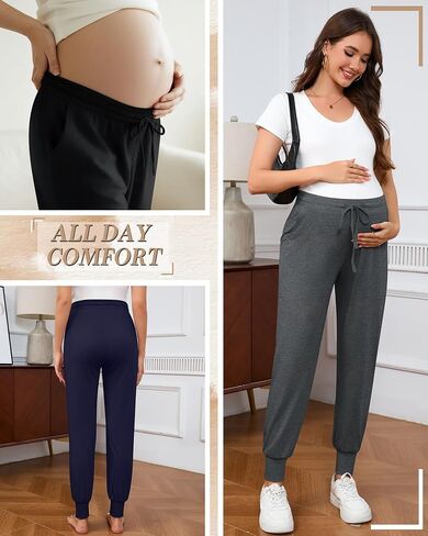 3 Pack Women's Lounge Maternity Pants, Casual Joggers Underbelly Pregnancy Sweatpants with Drawstring and Pockets in Saudi Arabia