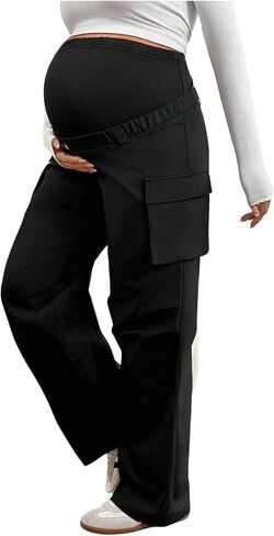 MakeMeChic Women's Maternity Cargo Pants High Waisted Wide Leg Pregnancy Trousers Streetwear in Saudi Arabia