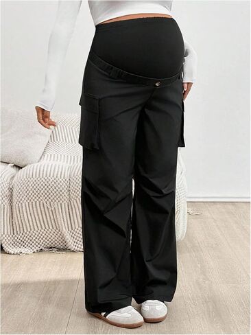 MakeMeChic Women's Maternity Cargo Pants High Waisted Wide Leg Pregnancy Trousers Streetwear in Saudi Arabia