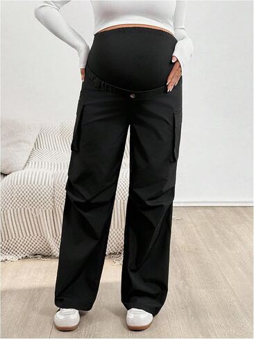 MakeMeChic Women's Maternity Cargo Pants High Waisted Wide Leg Pregnancy Trousers Streetwear in Saudi Arabia