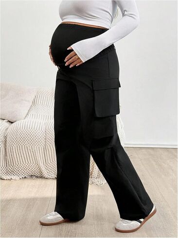 MakeMeChic Women's Maternity Cargo Pants High Waisted Wide Leg Pregnancy Trousers Streetwear in Saudi Arabia