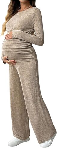 Oyoangle Women's Maternity 2 قطعة قطعة طويلة الأكمام قمة التمريض وتجهيز صالة سروال مستقيمة الساق in Saudi Arabia