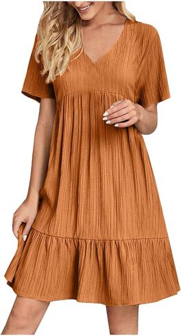 Summer Dresses for Women Solid Color V-Neck Short Sleeve Midi Dress Pleated Swing Short Beach Sundresses in Saudi Arabia