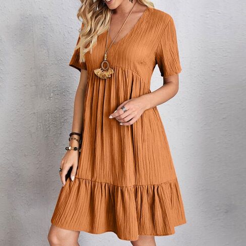 Summer Dresses for Women Solid Color V-Neck Short Sleeve Midi Dress Pleated Swing Short Beach Sundresses in Saudi Arabia