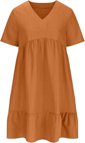 Summer Dresses for Women Solid Color V-Neck Short Sleeve Midi Dress Pleated Swing Short Beach Sundresses in Saudi Arabia