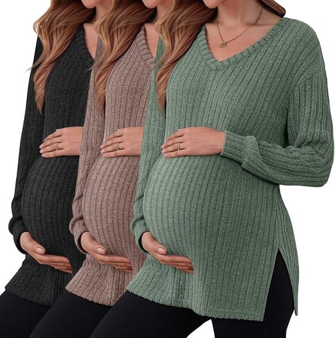 3 Pack Women's Ribbed Maternity Shirts, Long Sleeve V Neck Pregnancy Sweaters with Side Split Pregnant Clothes in Saudi Arabia