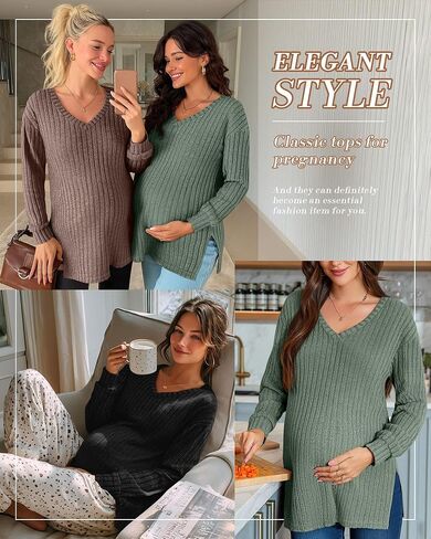 3 Pack Women's Ribbed Maternity Shirts, Long Sleeve V Neck Pregnancy Sweaters with Side Split Pregnant Clothes in Saudi Arabia