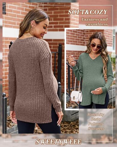 3 Pack Women's Ribbed Maternity Shirts, Long Sleeve V Neck Pregnancy Sweaters with Side Split Pregnant Clothes in Saudi Arabia