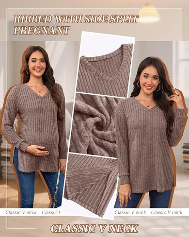 3 Pack Women's Ribbed Maternity Shirts, Long Sleeve V Neck Pregnancy Sweaters with Side Split Pregnant Clothes in Saudi Arabia