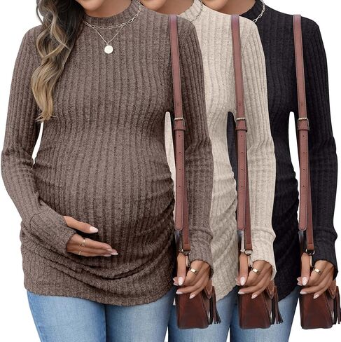 3 Pack Women's Maternity Shirts, Long Sleeve Ribbed Pregnancy Sweaters Mock Neck Side Ruched Tops with Thumb Hole in Saudi Arabia