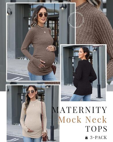 3 Pack Women's Maternity Shirts, Long Sleeve Ribbed Pregnancy Sweaters Mock Neck Side Ruched Tops with Thumb Hole in Saudi Arabia