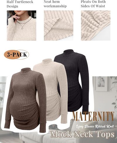 3 Pack Women's Maternity Shirts, Long Sleeve Ribbed Pregnancy Sweaters Mock Neck Side Ruched Tops with Thumb Hole in Saudi Arabia