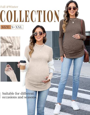 3 Pack Women's Maternity Shirts, Long Sleeve Ribbed Pregnancy Sweaters Mock Neck Side Ruched Tops with Thumb Hole in Saudi Arabia