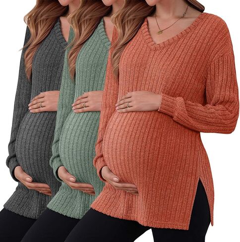 3 Pack Women's Ribbed Maternity Shirts, Long Sleeve V Neck Pregnancy Sweaters with Side Split Pregnant Clothes in Saudi Arabia