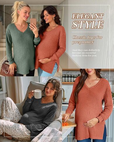 3 Pack Women's Ribbed Maternity Shirts, Long Sleeve V Neck Pregnancy Sweaters with Side Split Pregnant Clothes in Saudi Arabia