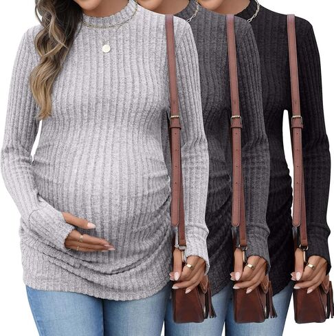 3 Pack Women's Maternity Shirts, Long Sleeve Ribbed Pregnancy Sweaters Mock Neck Side Ruched Tops with Thumb Hole in Saudi Arabia
