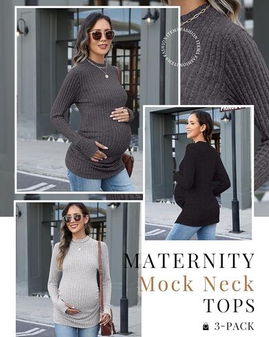 3 Pack Women's Maternity Shirts, Long Sleeve Ribbed Pregnancy Sweaters Mock Neck Side Ruched Tops with Thumb Hole in Saudi Arabia
