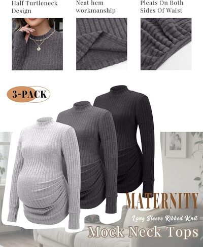 3 Pack Women's Maternity Shirts, Long Sleeve Ribbed Pregnancy Sweaters Mock Neck Side Ruched Tops with Thumb Hole in Saudi Arabia