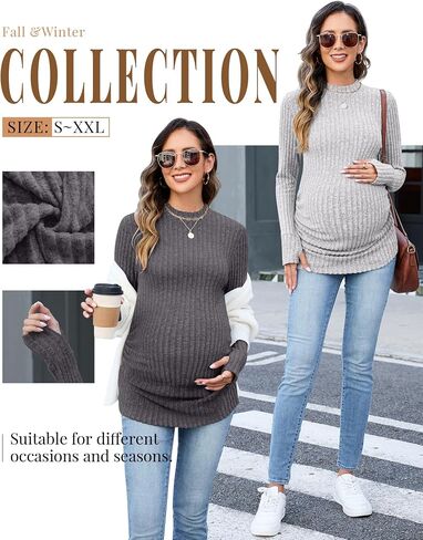 3 Pack Women's Maternity Shirts, Long Sleeve Ribbed Pregnancy Sweaters Mock Neck Side Ruched Tops with Thumb Hole in Saudi Arabia