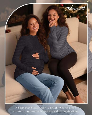3 Pack Women's Maternity Shirts, Long Sleeve Ribbed Pregnancy Sweaters Mock Neck Side Ruched Tops with Thumb Hole in Saudi Arabia