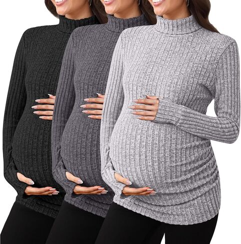 3 Pack Maternity T-Shirts Pregnancy Tops Women Sweater Long Sleeve Turtleneck Ribbed Finger Sleeve Outfits in Saudi Arabia