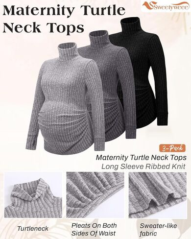 3 Pack Maternity T-Shirts Pregnancy Tops Women Sweater Long Sleeve Turtleneck Ribbed Finger Sleeve Outfits in Saudi Arabia