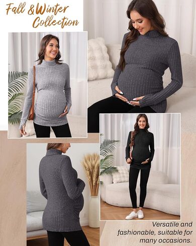 3 Pack Maternity T-Shirts Pregnancy Tops Women Sweater Long Sleeve Turtleneck Ribbed Finger Sleeve Outfits in Saudi Arabia