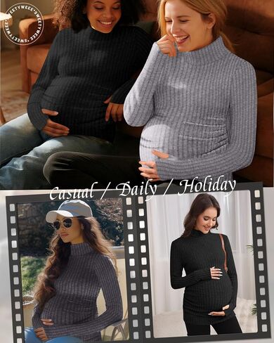 3 Pack Maternity T-Shirts Pregnancy Tops Women Sweater Long Sleeve Turtleneck Ribbed Finger Sleeve Outfits in Saudi Arabia