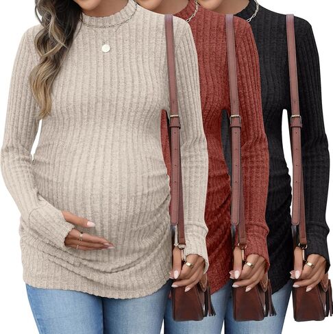3 Pack Women's Maternity Shirts, Long Sleeve Ribbed Pregnancy Sweaters Mock Neck Side Ruched Tops with Thumb Hole in Saudi Arabia