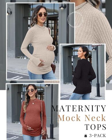 3 Pack Women's Maternity Shirts, Long Sleeve Ribbed Pregnancy Sweaters Mock Neck Side Ruched Tops with Thumb Hole in Saudi Arabia