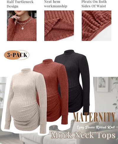 3 Pack Women's Maternity Shirts, Long Sleeve Ribbed Pregnancy Sweaters Mock Neck Side Ruched Tops with Thumb Hole in Saudi Arabia