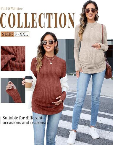 3 Pack Women's Maternity Shirts, Long Sleeve Ribbed Pregnancy Sweaters Mock Neck Side Ruched Tops with Thumb Hole in Saudi Arabia