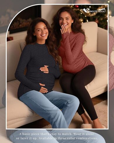 3 Pack Women's Maternity Shirts, Long Sleeve Ribbed Pregnancy Sweaters Mock Neck Side Ruched Tops with Thumb Hole in Saudi Arabia