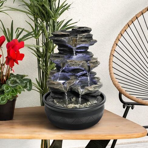 8.3" High 4-Tier Cascading Rock Falls Tabletop Water Fountain with LED Light & Spinning Ball - Indoor Small Waterfall Feature for Office, Home and Bedroom Desktop Decor Dark Grey in Saudi Arabia
