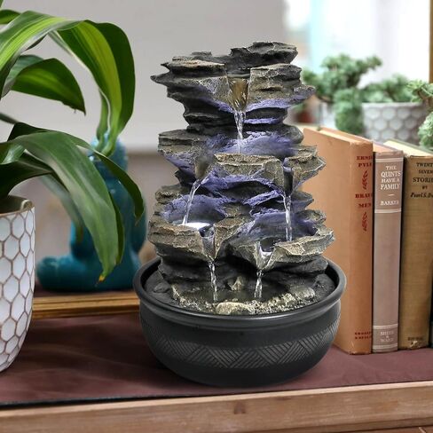8.3" High 4-Tier Cascading Rock Falls Tabletop Water Fountain with LED Light & Spinning Ball - Indoor Small Waterfall Feature for Office, Home and Bedroom Desktop Decor Dark Grey in Saudi Arabia