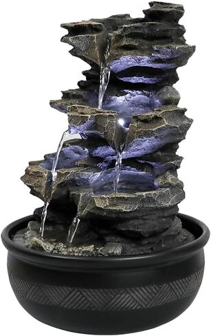 8.3" High 4-Tier Cascading Rock Falls Tabletop Water Fountain with LED Light & Spinning Ball - Indoor Small Waterfall Feature for Office, Home and Bedroom Desktop Decor Dark Grey in Saudi Arabia