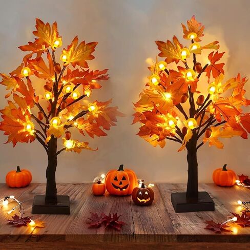 Fall Decorations Artificial Fall Lighted Maple Tree,Total 48 LED Battery/USB Operated Pumpkins Maple Acorn Tree for Table Fireplace Harvest Home Indoor Thanksgiving Decor(2 Pack) in Saudi Arabia