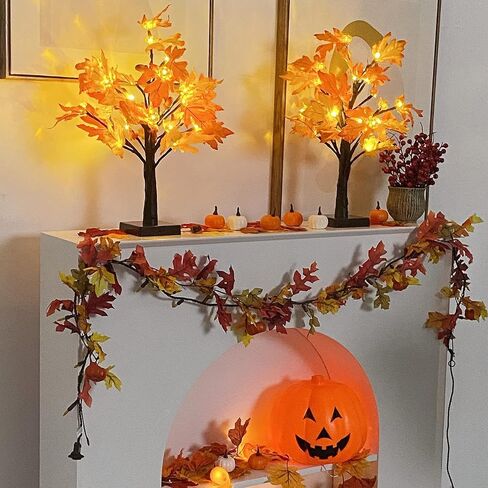 Fall Decorations Artificial Fall Lighted Maple Tree,Total 48 LED Battery/USB Operated Pumpkins Maple Acorn Tree for Table Fireplace Harvest Home Indoor Thanksgiving Decor(2 Pack) in Saudi Arabia