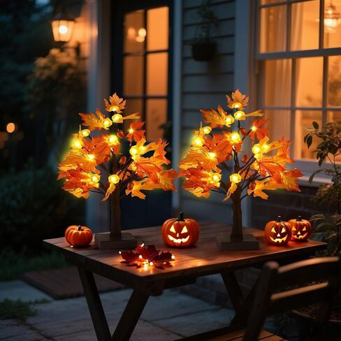 Fall Decorations Artificial Fall Lighted Maple Tree,Total 48 LED Battery/USB Operated Pumpkins Maple Acorn Tree for Table Fireplace Harvest Home Indoor Thanksgiving Decor(2 Pack) in Saudi Arabia