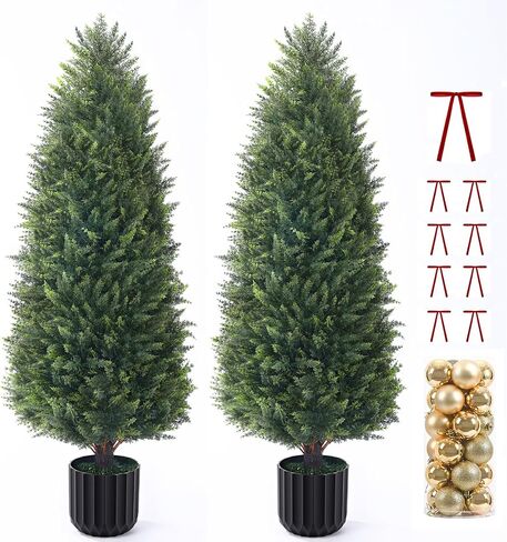 3FT Artificial Topiary Cedar Trees 2 Pack, Lush Thick Greenery UV Rated Artificial Plants for Outdoor Planters Decor, Realistic Fake Trees Indoor Garden in Saudi Arabia